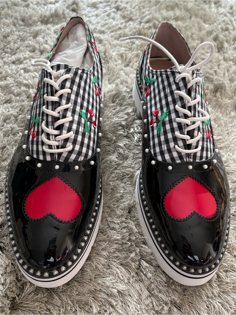 torrid Black Patent Gingham Flats with Red Heart and Cherry Embroidery